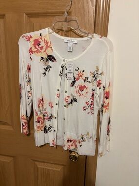 White House Black Market Cream Floral Button Cardigan - Pink & Yellow Flowers